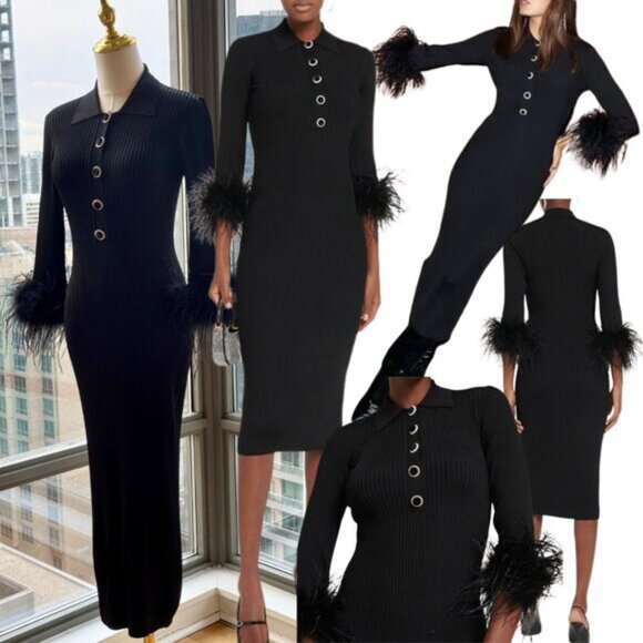 🆕 REBECCA VALLANCE 🧿 NWOT Soraya Feather-Trimmed Knit Midi Dress, Black - Sz S - Picture 1 of 14
